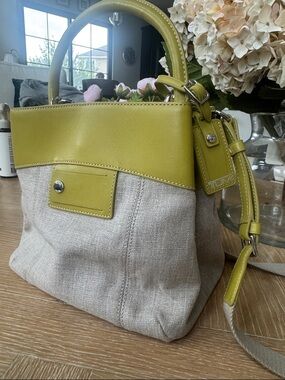 Tumi Olive Green Leather and Natural Canvas Tote